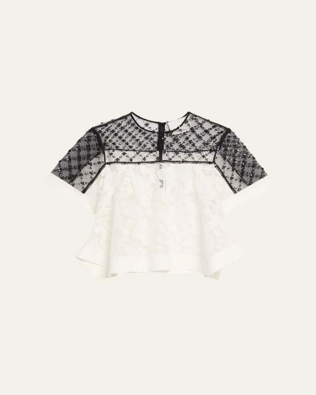 Corded Lace Organza Short-Sleeve Flounce Top